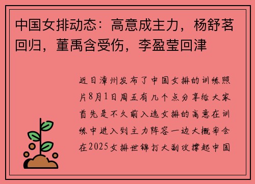 中国女排动态:高意成主力,杨舒茗回归,董禹含受伤,李盈莹回津 中国女排动态:高意成主力,杨舒茗回归,董禹含受伤,李盈莹回津
